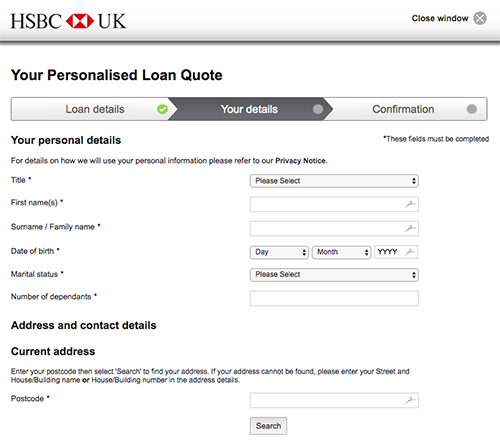 HSBC personalised loan quote tool form step 2 screenshot