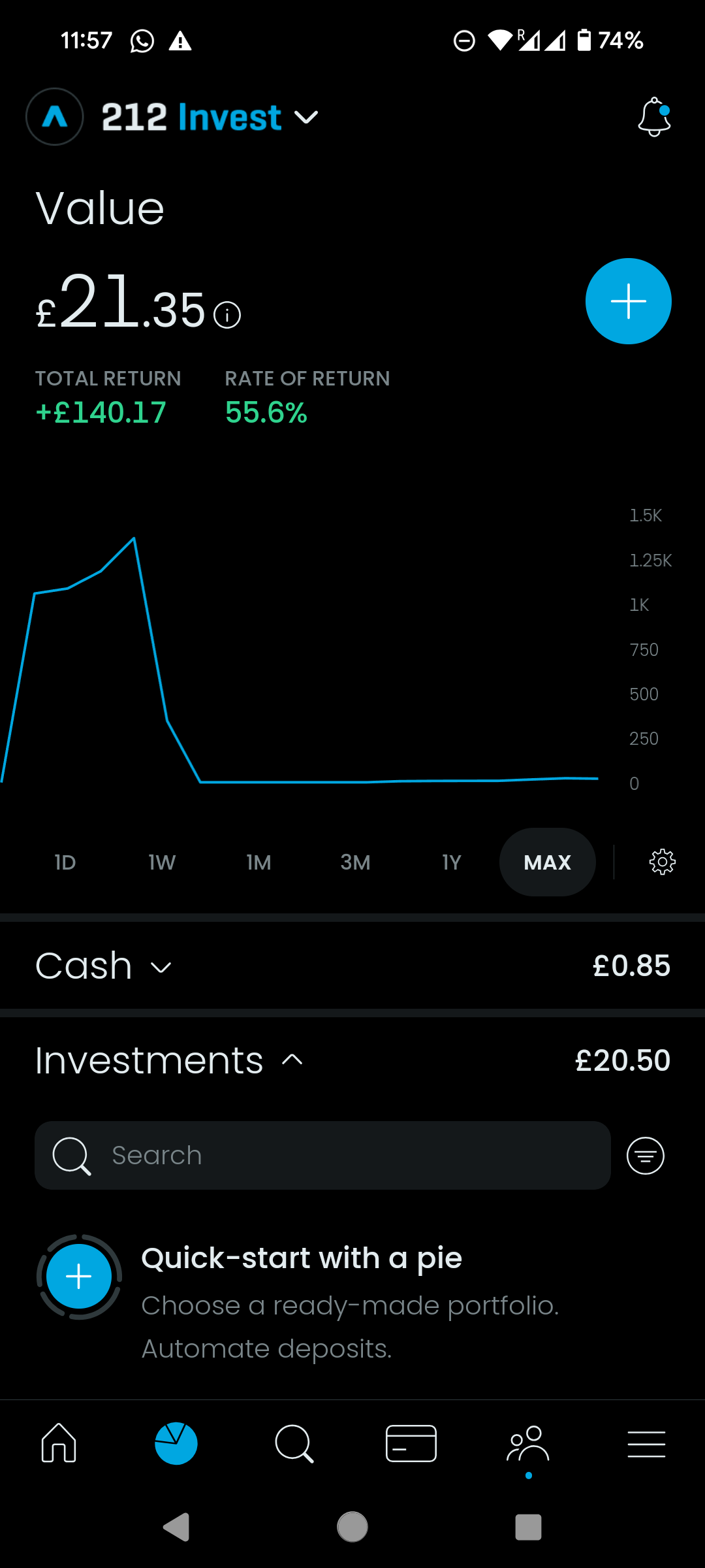 Screenshot of the Trading 212 app showing the portfolio screen