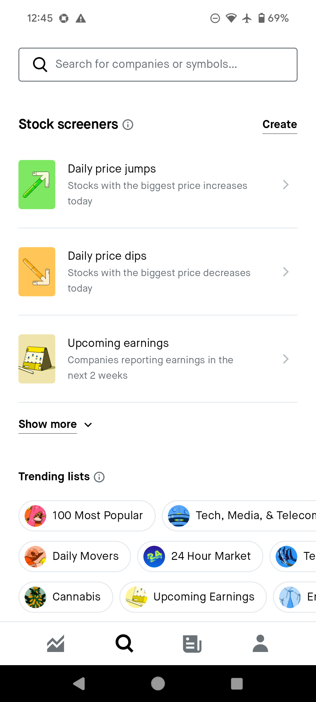 Screenshot of the Robinhood app showing the search screen