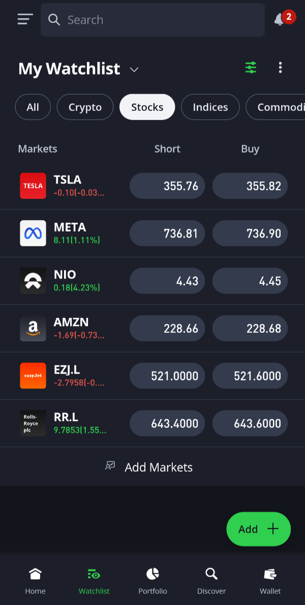 Screenshot of the eToro app showing the watchlist screen