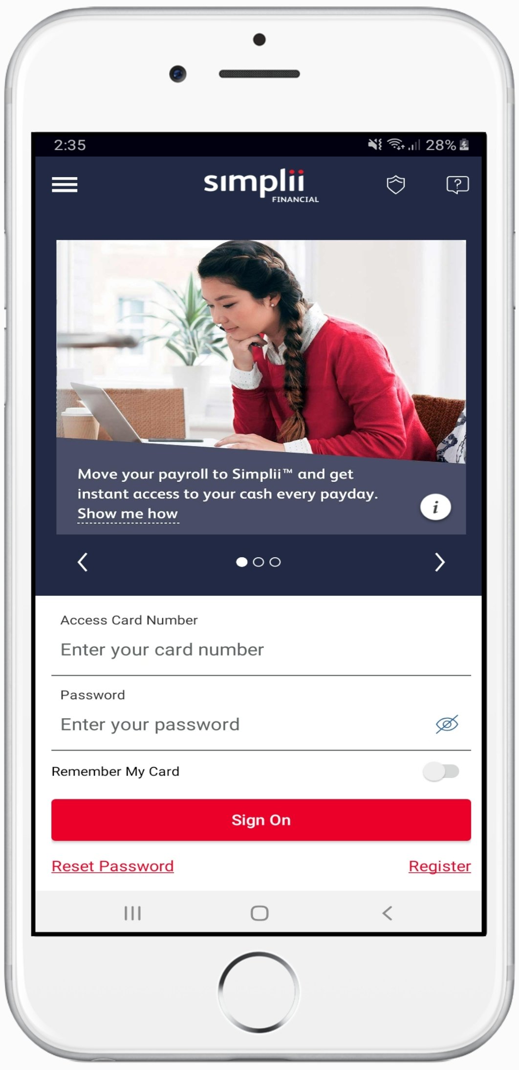 Screenshot of Simplii mobile app on a white iPhone